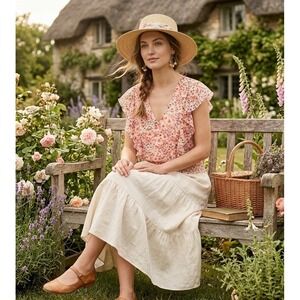 CeCe Floral Ruffle V-Neck Blouse Women L Pink Smock Hem Chiffon Top Cottagecore